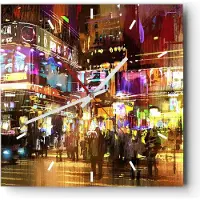 ARTTOR Wanduhr - Quadrat - Glasuhr - Street Lichter Nacht Illustration - 30x30cm - Schleichendes Uhrwerk - Lautlos - zum Aufhängen bereit - Dekoration Modern - Wanddekoration aus Glas - C3AC30x30-3199