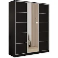 Masseno Schiebetürenschrank PINA 150/205/58 cm Kleiderschrank mit 4 Schubladen Schlafzimmer Schrank 3-türig mit Spiegel Schwarz
