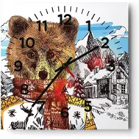 ARTTOR Wanduhr - Quadrat - Glasuhr - Bär Berge Kinder Winter - 40x40cm - Schleichendes Uhrwerk - Lautlos - zum Aufhängen bereit - Dekoration Modern - Wanddekoration aus Glas - C4AC40x40-3205
