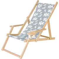 Ferocity Holz Liegestuhl Klappbar Klappliegestuhl mit Armlehne und Getränkehalter Strandstuhl Motiv Blau-Weiß Lilien [119]
