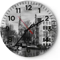 ARTTOR Wanduhr - Rund - Glasuhr - Schwarzweiß Amsterdam Boote - 40x40cm - Schleichendes Uhrwerk - Lautlos - zum Aufhängen bereit - Dekoration Modern - Wanddekoration aus Glas - C4AR40x40-4436