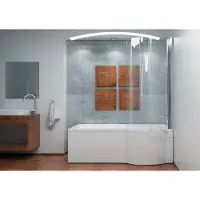 ECOLAM Duschbadewanne Set Badewanne + Glasabtrennung Duschwand Eckbadewanne I-Besco 150x70 RECHTS Schürze Ablaufgarnitur Füße Silikon