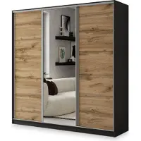 Masseno Schiebetürenschrank SORE 180/205/58 cm Kleiderschrank mit 4 Schubladen Schlafzimmer Schrank 3-türig mit Spiegel Schwarz / Eiche Wotan