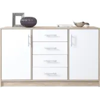 Masseno Kommode VANO 140 cm Sideboard mit 4 Schubladen und 2 Türen für Wohnzimmer Schlafzimmer Modern 140x40x84 cm Eichefarben / Weiß