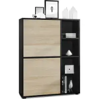 Vladon Highboard Schrank Anrichte Cuba mit 8 Fächern, Germany, Korpus in Schwarz matt / Fronten in Eiche sägerau