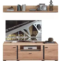 Lomadox TV-Mediawand mit Esche Massivholzfronten STAVEN-36 mit Absetzungen in schwarz matt, B/H/T ca. 180/200/42 cm
