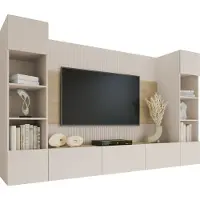 Mirjan 24 Wohnwand Deromi I, Wohnzimmer Möbel Set, Griffloses Öffnungssystem push to open, 4er-Set (Farbe: Sandbeige / Sandbeige + Eiche Cremona)