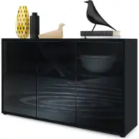 Vladon Sideboard Ben V3, Kommode mit 3 Türen und 2 Schubladen, Schwarz matt/Schwarz Hochglanz (117 x 74 x 36 cm)