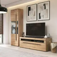 Lomadox Wohnwand in Eiche, 2-teilig mit 140 cm Lowboard & Vitrine inkl. Beleuchtung - TURDA-83