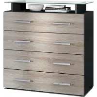 Vladon Sideboard Pavos V2, Kommode mit 4 Schubladen und Glasablage, Schwarz matt/Eiche sägerau (76 x 81 x 35 cm)