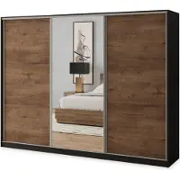 Masseno Schiebetürenschrank SORE 270/205/58 cm Kleiderschrank mit 4 Schubladen Schlafzimmer Schrank 3-türig mit Spiegel Schwarz / Eiche Lefkas