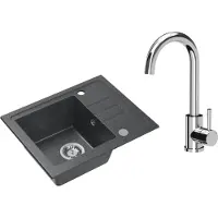 VBChome Spülbecken Granit Schwarz mit Armatur 55 x 44 cm Einzelbecken Einbauspüle Gesprenkelt Reversibel Granitspüle Siphon Waschbecken Armatur