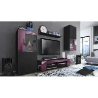 Vladon Wohnwand Movie, Anbauwand bestehend aus 1 TV-Board, 2 Vitrinen und 1 Regal, Schwarz matt/Schwarz matt/Brombeer Hochglanz (Gesamt: 300 x 190 x 39 cm)