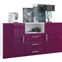 Vladon Sideboard Skadu, Kommode mit 2 Türen, 3 Schubladen und 1 offenem Fach, Weiß matt/Brombeer Hochglanz (138,5 x 71,5 x 35 cm)