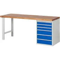 RAU Werkbank mit 6 Schubladen - Teilauszug - 90:3 / 150:3 - 840 x 2.000 x 700 mm (HxBxT) - Traglast 1.000 kg - Buche
