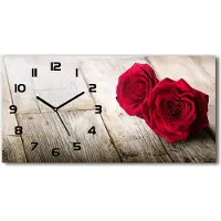 Tulup Wanduhr aus Glas – 60x30 cm - Glasbild - Glasuhr - Gehärtetes Glas - schwarze-zeiger - Rosen auf Holz