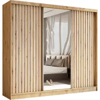 Masseno Schiebetürenschrank LAMELLO 240 cm Kleiderschrank Schlafzimmer Schrank 3-türig mit Spiegel und Lamellen Eiche Artisan