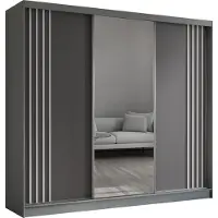 Masseno Schiebetürenschrank NELVIA 240 cm Kleiderschrank Schlafzimmer Schrank 3-türig mit Spiegel und Lamellen Grau