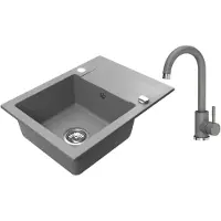 VBChome Granitspüle 59 x 44 cm Grau mit Armatur Einzelbecken Einbauspüle Reversibel Gesprenkelt Pflegeleichtes Spülbecken mit Siphon