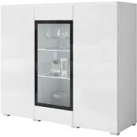Mirjan 24 Türkommode Vera 120, Stilvoll Wohnzimmer, Kommode mit drei Drehtüren (Farbe: Weiß / Weiß Hochglanz, mit weißer LED Beleuchtung)