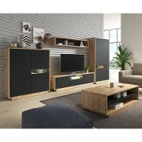 Lomadox Wohnzimmer Möbel Set inkl. LED Beleuchtung ALBANY-83 in Taurus Eiche Nb. mit schwarz matt, B/H/T: ca. 423/181/40 cm