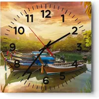 ARTTOR Wanduhr - Quadrat - Glasuhr - Berge Boot Wasser - 30x30cm - Schleichendes Uhrwerk - Lautlos - zum Aufhängen bereit - Dekoration Modern - Wanddekoration aus Glas - C4AC30x30-4003