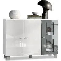 Vladon Sideboard Denjo, Germany, Kommode mit 3 Türen, Weiß matt/Weiß Hochglanz/Grau Hochglanz (107 x 81 x 35 cm)