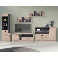 Lomadox Wohnzimmermöbel-Set mit Kommode, Vitrine & Lowboard in Eiche Nb. modern 5-teilig ANTIGUA-133