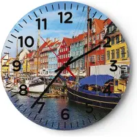 ARTTOR Wanduhr - Rund - Glasuhr - Kopenhagen Nahavn Schiffe - 40x40cm - Schleichendes Uhrwerk - Lautlos - zum Aufhängen bereit - Dekoration Modern - Wanddekoration aus Glas - C4AR40x40-4205