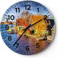 ARTTOR Wanduhr - Rund - Glasuhr - Landschaft Windmühle Wasser Dorf - 40x40cm - Schleichendes Uhrwerk - Lautlos - zum Aufhängen bereit - Dekoration Modern - Wanddekoration aus Glas - C4AR40x40-2866