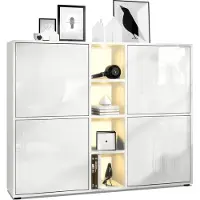Vladon Highboard Cuba V3, Germany, Weiß matt/Weiß Hochglanz inkl. LED - Moderne Anrichte mit 12 Fächern (130,5 x 105,5 x 35,5 cm)