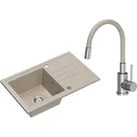 VBChome Spülbecken Granit Beige mit Armatur 70 x 44 cm Einzelbecken Einbauspüle Gesprenkelt Reversibel Granitspüle Siphon Waschbecken Beige Armatur mit Flexiblem Auslauf