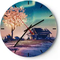 ARTTOR Wanduhr - Rund - Glasuhr - Baum Haus Nacht Sterne - 40x40cm - Schleichendes Uhrwerk - Lautlos - zum Aufhängen bereit - Dekoration Modern - Wanddekoration aus Glas - C3AR40x40-2849