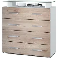 Vladon Sideboard Pavos V2, Kommode mit 4 Schubladen und Glasablage, Weiß matt/Eiche Nordic (76 x 81 x 35 cm)