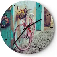 ARTTOR Wanduhr - Rund - Glasuhr - Rosa Fahrrad Vintage - 40x40cm - Schleichendes Uhrwerk - Lautlos - zum Aufhängen bereit - Dekoration Modern - Wanddekoration aus Glas - C3AR40x40-4471