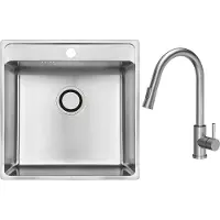 VBChome Edelstahlspüle mit Armatur 49x48x21 cm – Gebürsteter Inox Edelstahl, Großes Becken, Einbauspüle mit Hahnloch, Siphon und Ausziehbarer Auslauf