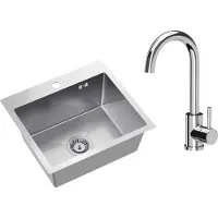 VBChome Edelstahlspüle mit Armatur 50 x 45 cm Gebürsteter Edelstahl Einbauspüle mit Hahnloch Edelstahl Küchenspüle Spüle Groß Becken Ablaufgarnitur Siphon Edelstahlspüle Gebürstet mit Armatur