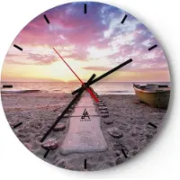 ARTTOR Wanduhr - Rund - Glasuhr - Boot Strand Himmel - 40x40cm - Schleichendes Uhrwerk - Lautlos - zum Aufhängen bereit - Dekoration Modern - Wanddekoration aus Glas - C3AR40x40-5064