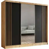 Masseno Schiebetürenschrank NELVIA 240 cm Kleiderschrank Schlafzimmer Schrank 3-türig mit Spiegel und Lamellen Eiche Artisan