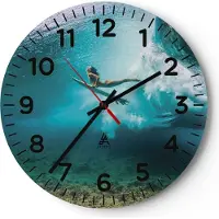 ARTTOR Wanduhr - Rund - Glasuhr - Surfen Unterwasser Frau - 40x40cm - Schleichendes Uhrwerk - Lautlos - zum Aufhängen bereit - Dekoration Modern - Wanddekoration aus Glas - C4AR40x40-4898
