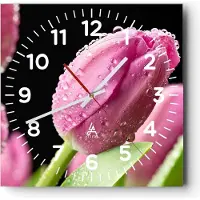 ARTTOR Wanduhr - Quadrat - Glasuhr - Tulpe Blumen Tau - 30x30cm - Schleichendes Uhrwerk - Lautlos - zum Aufhängen bereit - Dekoration Modern - Wanddekoration aus Glas - C4AC30x30-2483