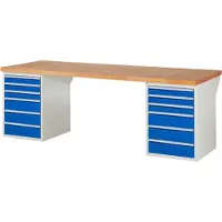 RAU Werkbank mit 12 Schubladen - Teilauszug - 90:6 / 150:6 - 840 x 2.500 x 900 mm (HxBxT) - Traglast 1.000 kg - Buche