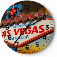 ARTTOR Wanduhr - Rund - Glasuhr - Amerika bestimmungsort las vegas - 40x40cm - Schleichendes Uhrwerk - Lautlos - zum Aufhängen bereit - Dekoration Modern - Wanddekoration aus Glas - C4AR40x40-2594