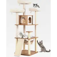 Markenlos 168 cm Kratzbaum Holz, mehrstöckiger Katzenkratzbaum Groß, Katzen Katzenbaum mit Höhle, Leiter, Matten, Bällen & Hängematte, Aktivitätsbaum Katzenmöbel Spielhaus Kletterbaum, Beige+Natur