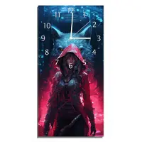 Wallario Design Wanduhr bedruckt, Größe 30 x 60 cm, Motiv: Schattenwolf und Kriegerin
