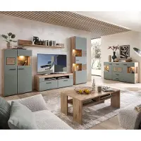 Lomadox Wohnwand FARO-36-REED Modern in Eiche mit Schilfgrün 6-teilig mit Couchtisch und Beleuchtung
