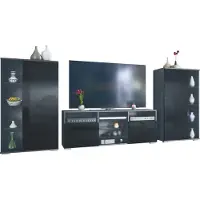Vladon Wohnwand Davos, Anbauwand bestehend aus 2 Vitrinen und 1 TV-Board, Anthrazit matt/Schwarz Hochglanz (329 x 134 x 35 cm)