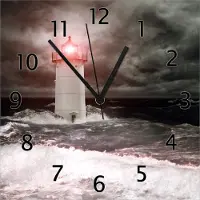 Wallario Design Wanduhr Leuchtturm im Wasser bei stürmischer See aus Echtglas, Größe 30 x 30 cm