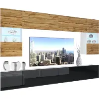 Belini Wohnwand Vollausstattung Wohnzimmer-Set Moderne Schrankwand mit LED-Beleuchtung Weiß Glänzend Anbauwand TV-Schrank Eiche Wotan / Schwarz Glänzend/Matt