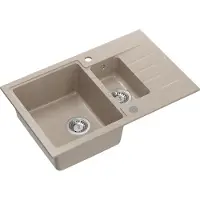 Quadron Spülbecken 1,5-Becken Spüle | Größe: 78 x 50 x 20 cm | PETER 156 | Küchenspüle Granitspüle aus GraniteQ mit Siphon | Beige & Stahl